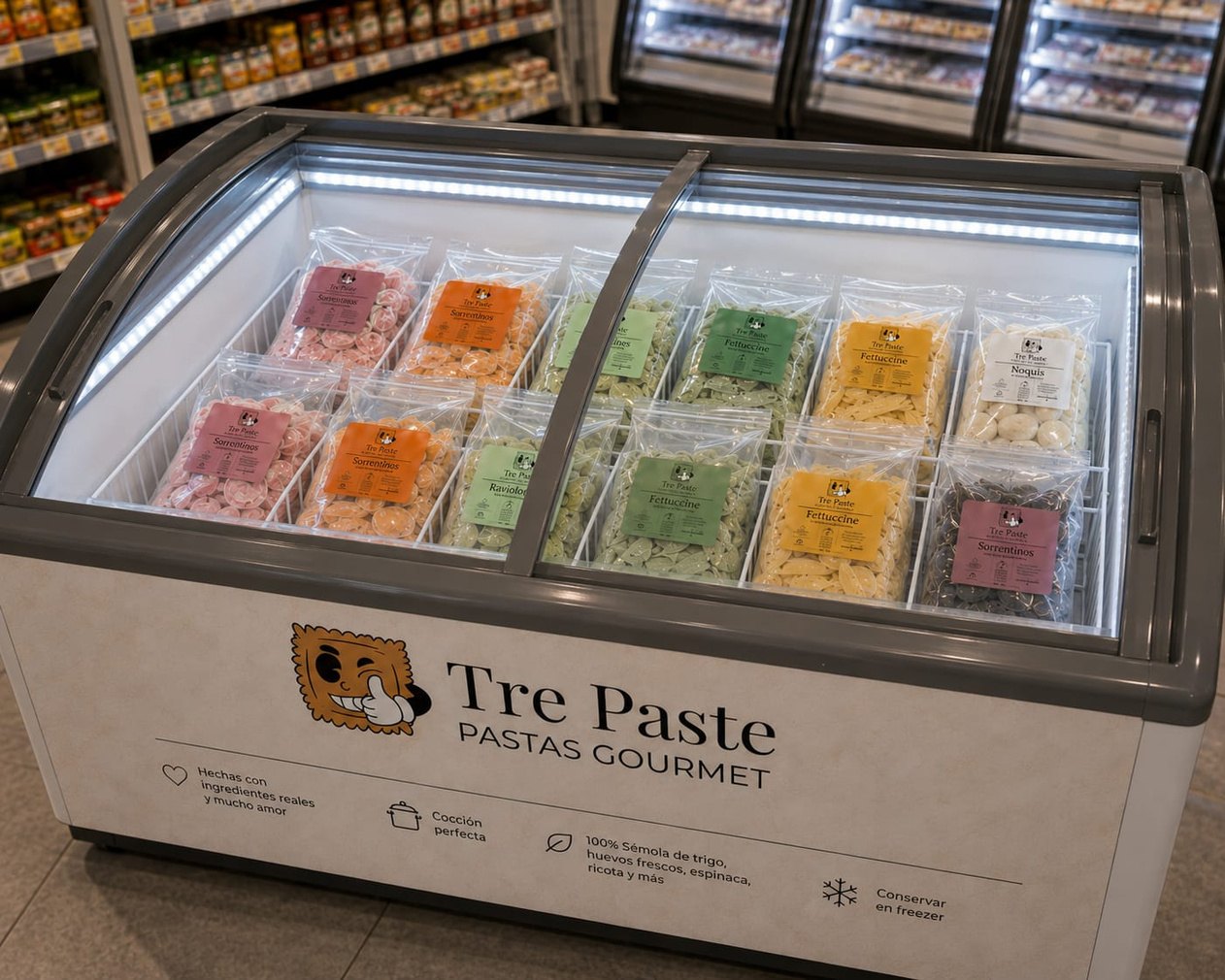 Freezer exhibidor Tre Paste con las pastas en góndola