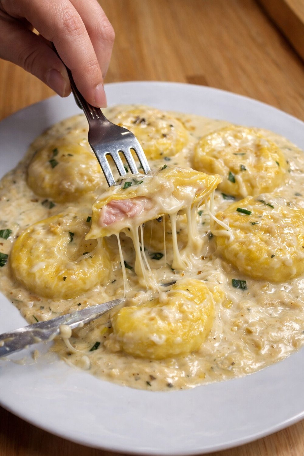 Sorrentinos de jamón y queso con salsa cremosa